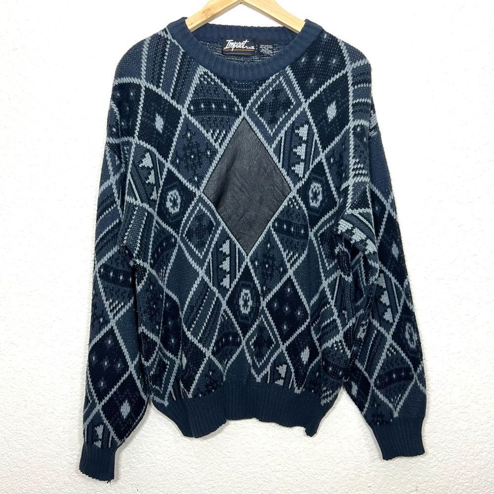 Vintage 80’s Geometric Print Acrylic Leather Patch Grandpa Sweater Size XL